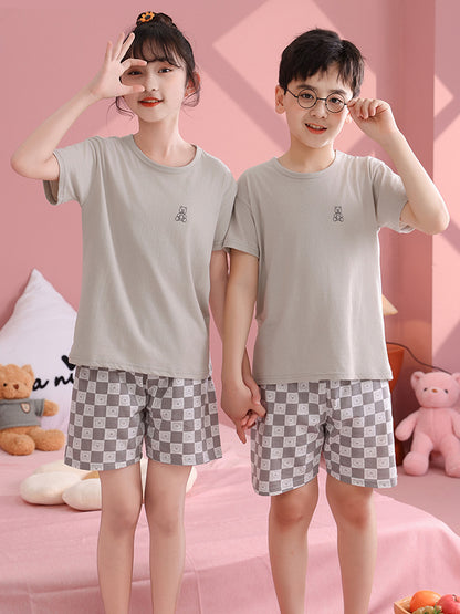Children's Pajamas, Pure Cotton, Summer Short-Sleeved Shorts Set for Boys, Home Clothes for Girls, Air-Conditioned Clothes for Middle-Aged and Older Boys