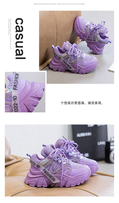 2026 Spring and Autumn Style Dad Shoes, Internet Celebrity Rhinestone Breathable Genuine Leather Shoes for Petite People, Popular Purple Thick-Soled Sports Shoes, Trendy on Instagram