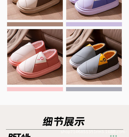 New Leather Waterproof Cotton Slippers for Women in Winter Indoor Thick-Soled Warm Home Fleece-Lined Bag and Couple Wool Slippers for Men