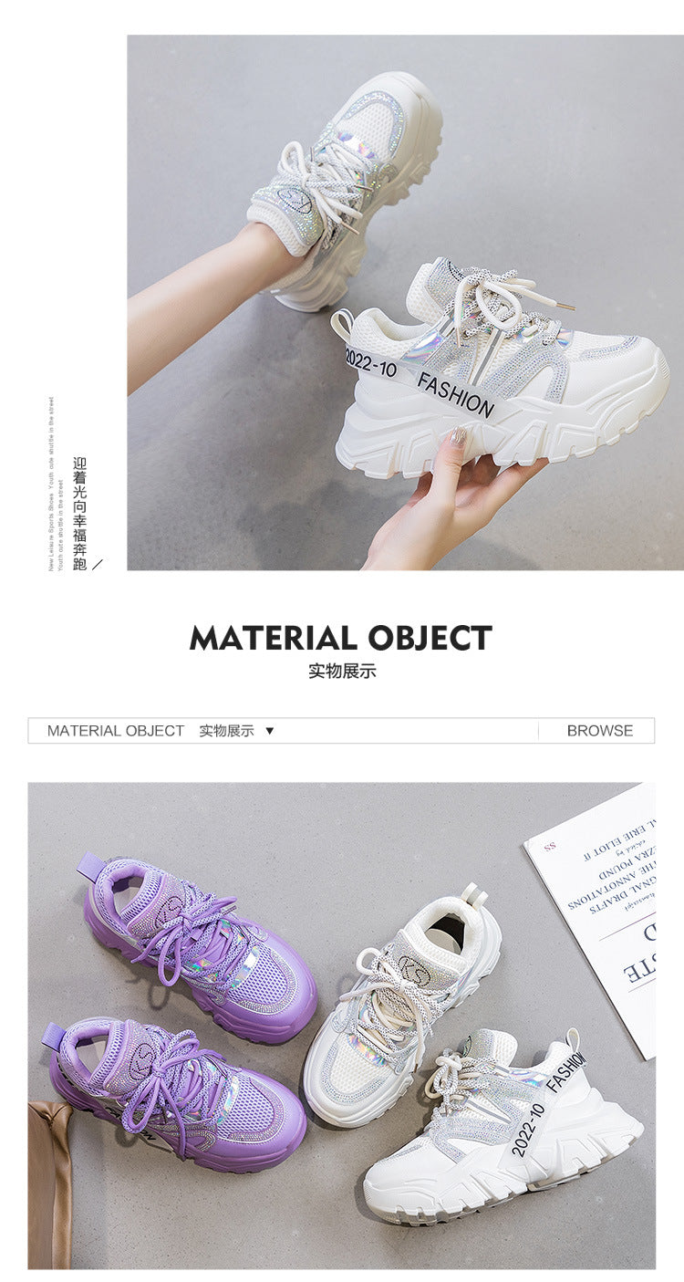 2026 Spring and Autumn Style Dad Shoes, Internet Celebrity Rhinestone Breathable Genuine Leather Shoes for Petite People, Popular Purple Thick-Soled Sports Shoes, Trendy on Instagram