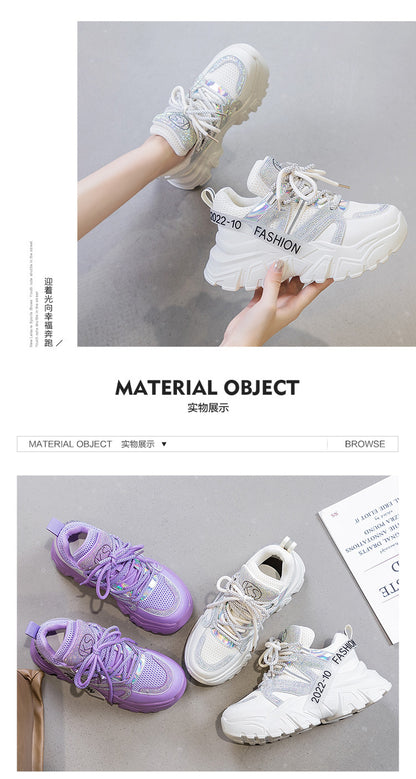 2026 Spring and Autumn Style Dad Shoes, Internet Celebrity Rhinestone Breathable Genuine Leather Shoes for Petite People, Popular Purple Thick-Soled Sports Shoes, Trendy on Instagram