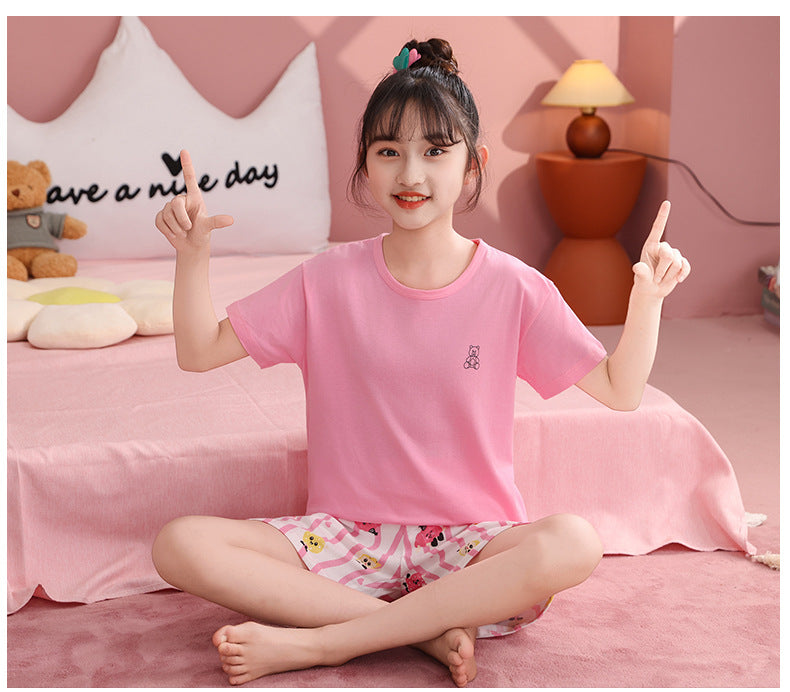 Children's Pajamas, Pure Cotton, Summer Short-Sleeved Shorts Set for Boys, Home Clothes for Girls, Air-Conditioned Clothes for Middle-Aged and Older Boys