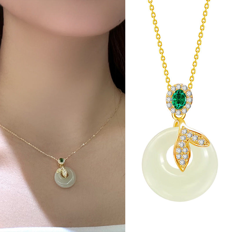 S925 Sterling Silver Clavicle Necklace Women's Summer Hetian Jade Fish Tail Pendant Simple Accessible Luxury Niche High-End Accessories