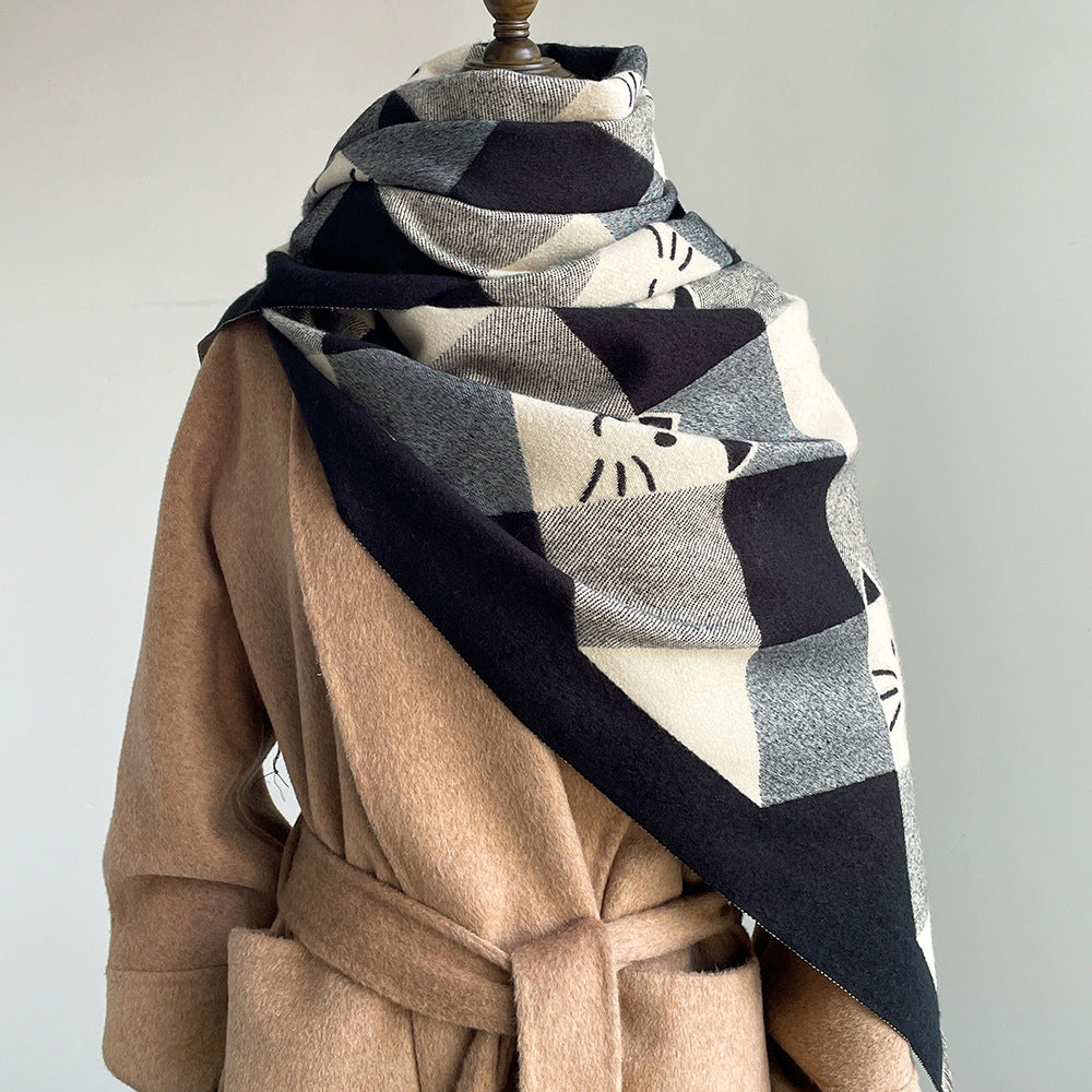 Niche Designer Cartoon Cat Cute Cashmere Scarf Women's Autumn and Winter Warm Thickened Neck Shawl New