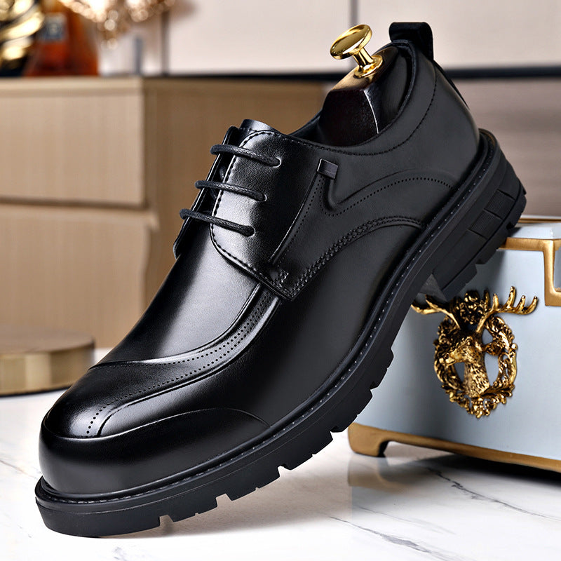 Men's Casual Leather Shoes Popular Lace-Up Round Toe Thick Sole Big Head Brown Fashion British Versatile Business Formal Men's Shoes