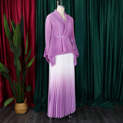 C8610 African plus size Women's Spring New Fashion Strap Bat Sleeve Top Gradient Color-changing Skirt Two-piece Set