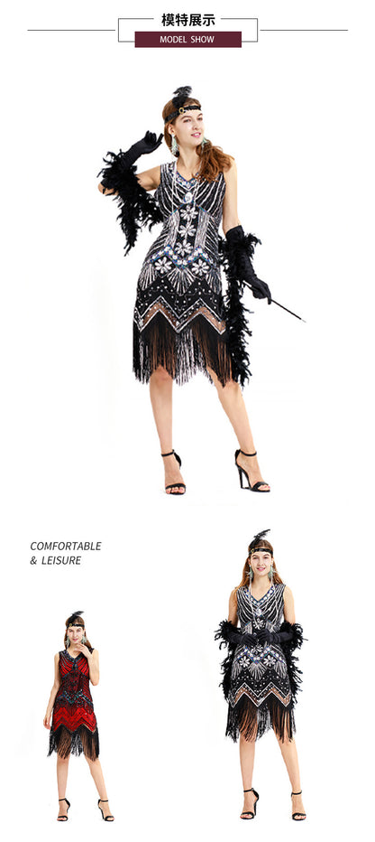 S-4Xl Amazon Wish Real Shot 1920S Retro Sequin Dress Handmade Beaded Tassel Plus Size Evening Dress