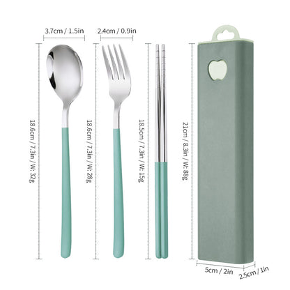 304 Stainless Steel Convenient Tableware Fork, Spoon and Chopsticks Three-Piece Set Outdoor Travel Student Storage Box Tableware Set
