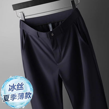 Wholesale men's ice silk trousers new casual pants men's slim-fit high stretch pants men's non-ironing black business men
