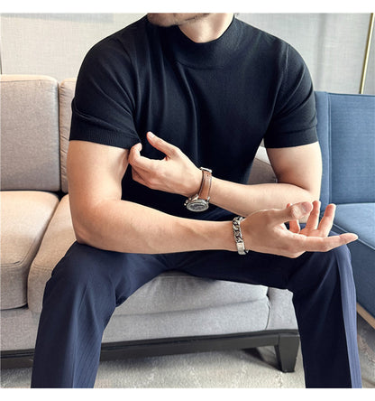 Tiktok Taobao Dropshipping Men's Short-Sleeve Knitwear, Fashionable Versatile Half-Turtleneck Slim-Fit Half-Sleeve Sweater Base Shirt