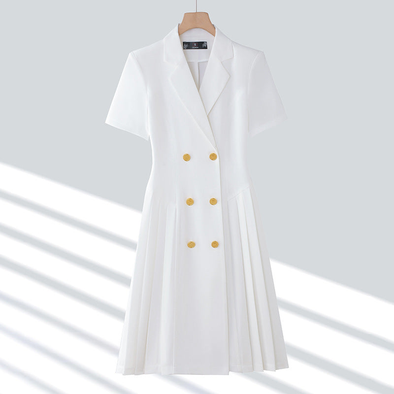 Spring and summer blue short-sleeved dress women's 2025 high-grade double-breasted professional suit collar mid-length skirt