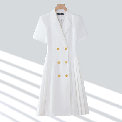 Spring and summer blue short-sleeved dress women's 2025 high-grade double-breasted professional suit collar mid-length skirt