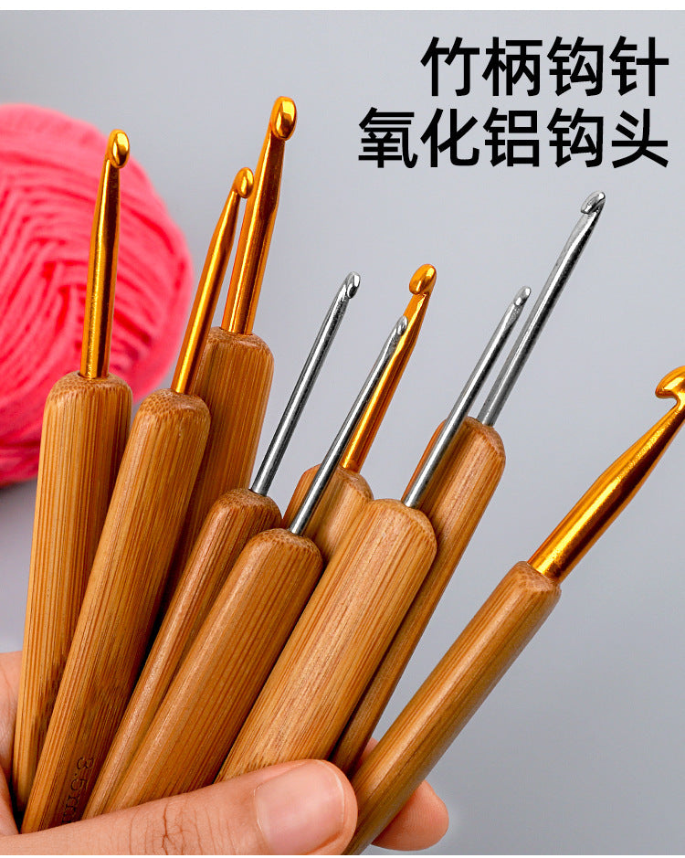 Full Set of Bamboo Handle Crochet Hooks, Bamboo Crochet Yarn Hooks, Handmade Knitting Tools, Sweater Needles, Round Head Carbonized Crochet Set