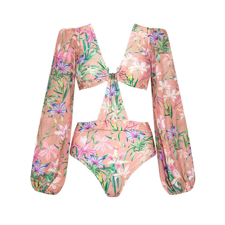 2024 Europe and America Amazon AliExpress one-piece swimsuit Mini ruffled mesh stitching printed swimsuit 2560