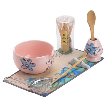 Japanese Tea Ceremony Cherry Blossom Pink Matcha Four-Piece Ceramic Matcha Bowl Tea Whisk Tea Spoon Tea Accessories