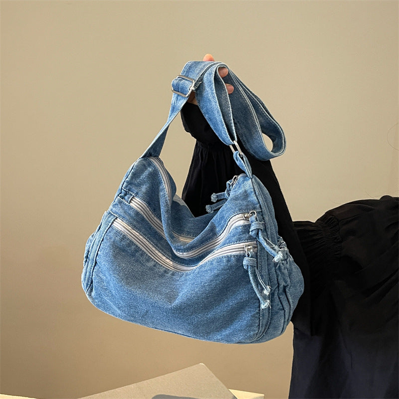 Casual Denim Shoulder Bag Japanese Harajuku Style Canvas Bag for Women 2026 New Large Capacity Simple Crossbody Bag