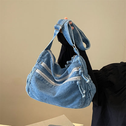 Casual Denim Shoulder Bag Japanese Harajuku Style Canvas Bag for Women 2026 New Large Capacity Simple Crossbody Bag