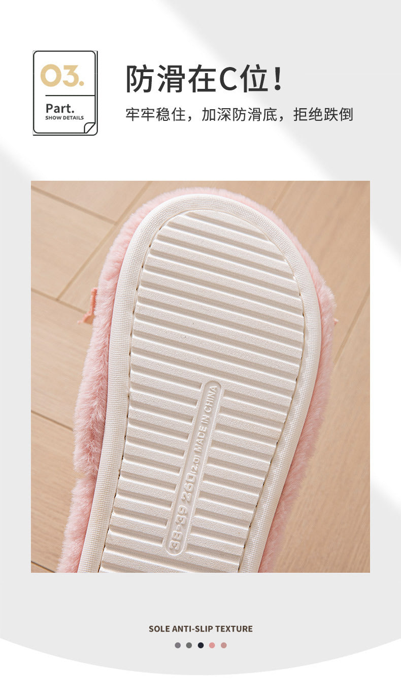 Foreign Trade Cross-Border Open-Toe Furry Bow Women's Indoor Home Wooden Floor Four-Season Furry Slippers
