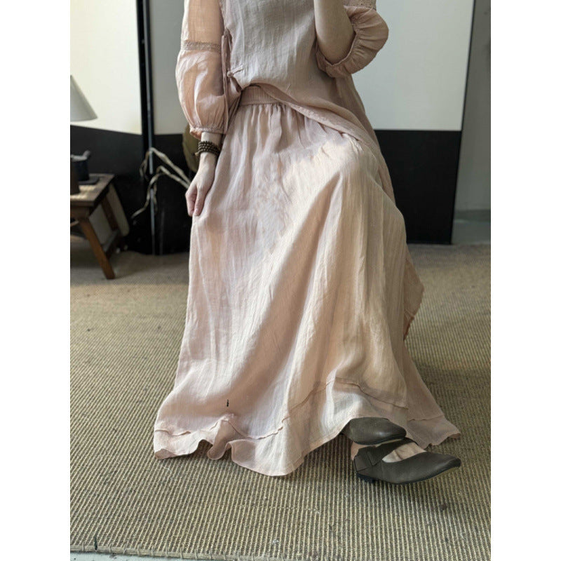 Summer New Style Quality Ramie Handmade Buckle Lace Lace Guofeng dress Double-Layer Skirt suit