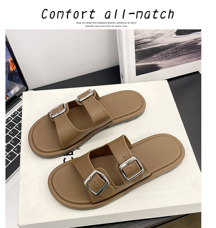 Cross-Border Slippers for Women Summer Flat-Soled Double-Strap Double-Buckle Slippers Southeast Asia New Foreign Trade Fashion Outer Wear Beach Sandals