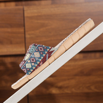 Four Seasons Home Linen Slippers Fashion Printed Thick Sole Non-Slip Sweat-Absorbent Wear-Resistant Large Sole Couple Linen Slippers Ethnic Style