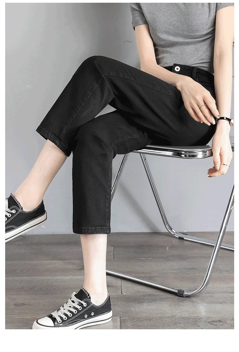 Black Straight-Leg Jeans for Women, 2026 New Summer Thin Style, Petite High-Waisted Slimming Cropped Cigarette Pants