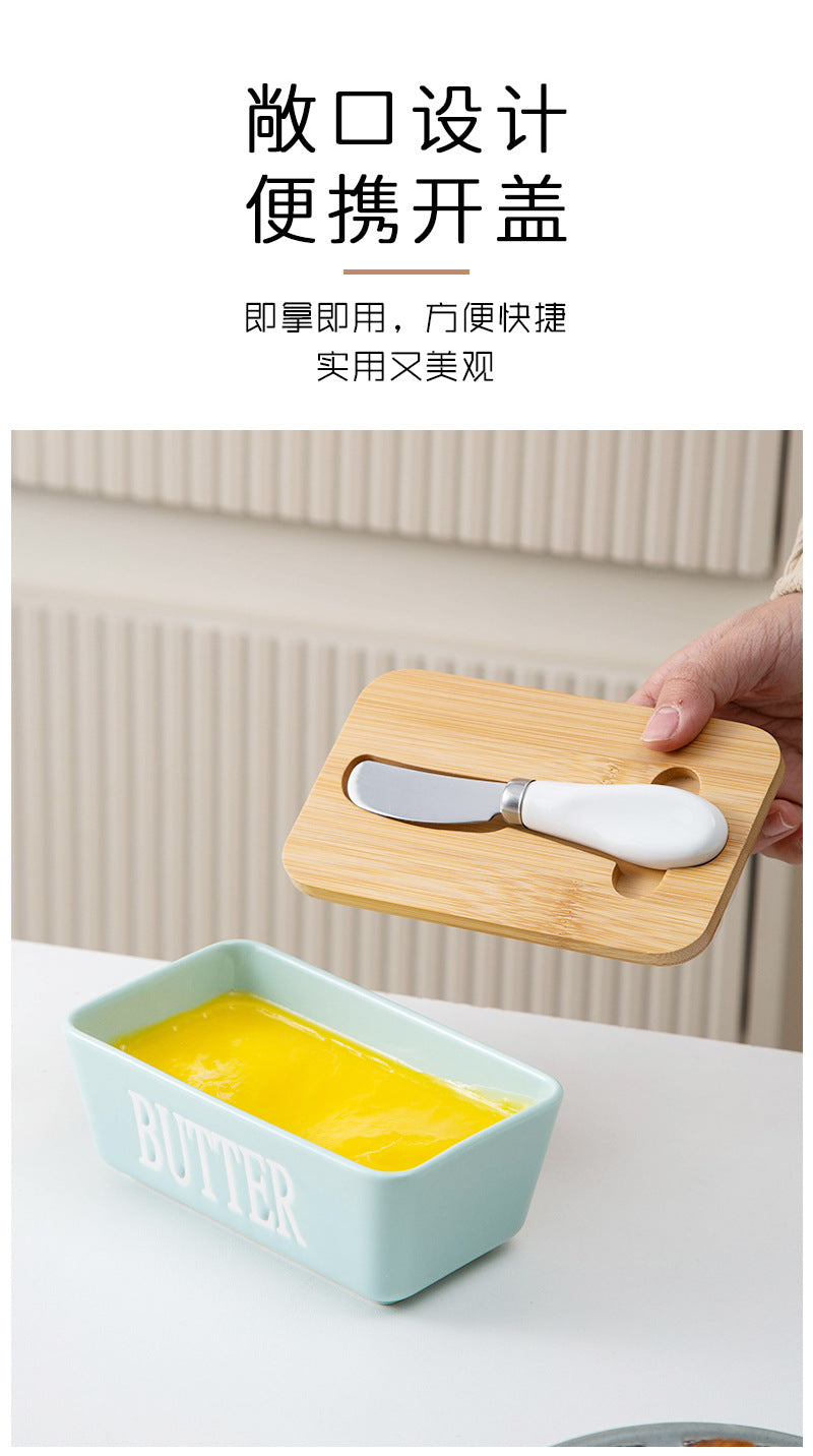 Ceramic Butter Box Rectangular Butter Sealing Box Cuttable Refrigerated Refrigerator Cheese Storage Box with Wooden Lid Butter Dish
