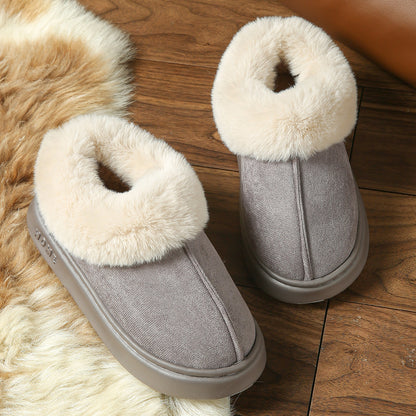 2025 Cross-Border New Pure Color Suede Splicing Home Slippers Thick-Soled Non-Slip Plush Warm Couple Cotton Shoes for Women