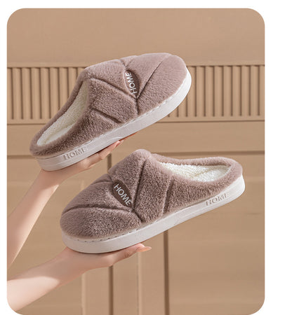 Winter Cotton Slippers for Women, Fleece-Lined, Indoor, Non-Slip, Warm, Thick-Soled, Wear-Resistant, Essential for Home Use, Couple's Cotton Patchwork New Style