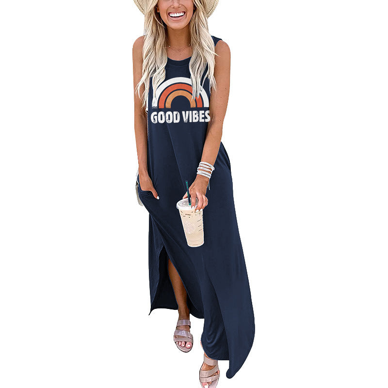 Spot Amazon Independent Station Ebay Women's Dress Good Vibes Rainbow Flap Pocket Pants Casual Sleeveless Long Skirt
