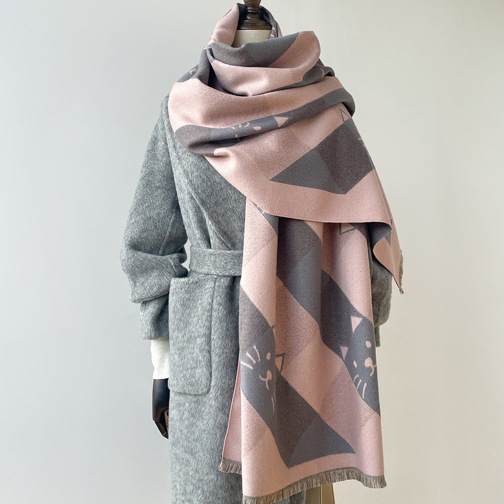 Niche Designer Cartoon Cat Cute Cashmere Scarf Women's Autumn and Winter Warm Thickened Neck Shawl New