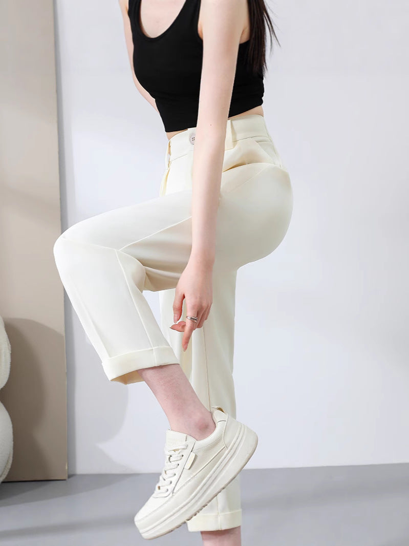 New Style Ice Silk Suit Pants for Petite Women, Cropped Straight-Leg Pants, Summer Thin Cigarette Pants, Free Shipping