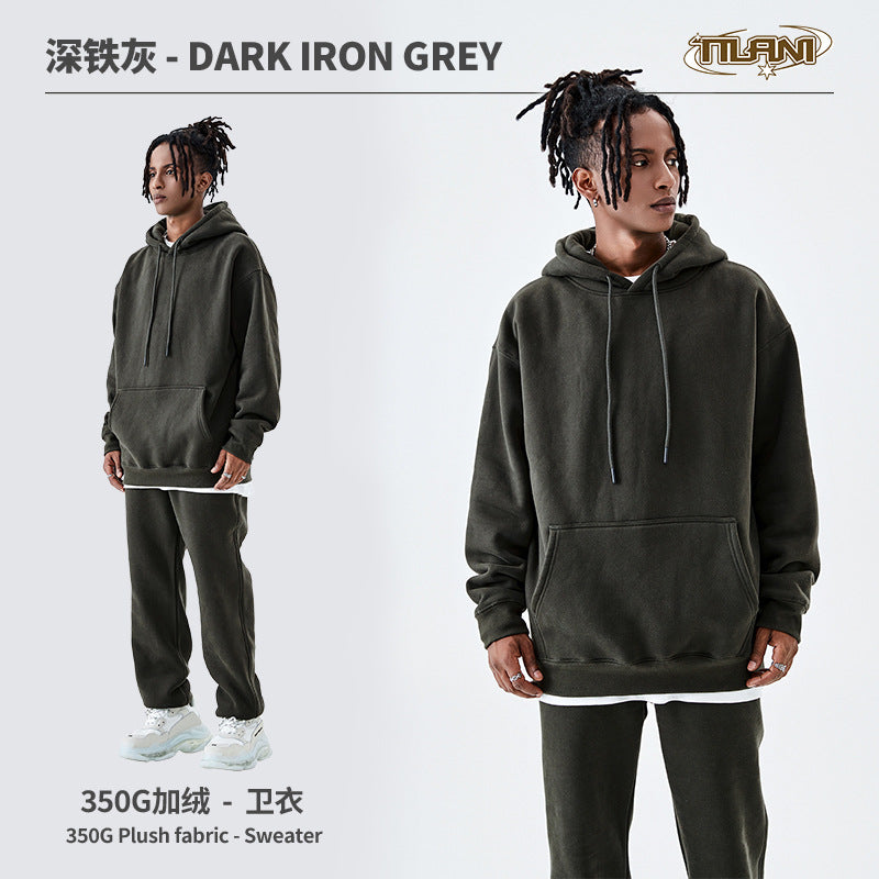 Tilani Men's Clothing European and American Trendy Brand High Quality 350g Fleece-Lined Thick Men's and Women's Hooded Sweatshirt and Sweatpants Pure Color Suit