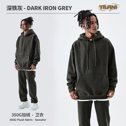 Tilani Men's Clothing European and American Trendy Brand High Quality 350g Fleece-Lined Thick Men's and Women's Hooded Sweatshirt and Sweatpants Pure Color Suit