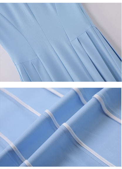 Spring and summer blue short-sleeved dress women's 2025 high-grade double-breasted professional suit collar mid-length skirt