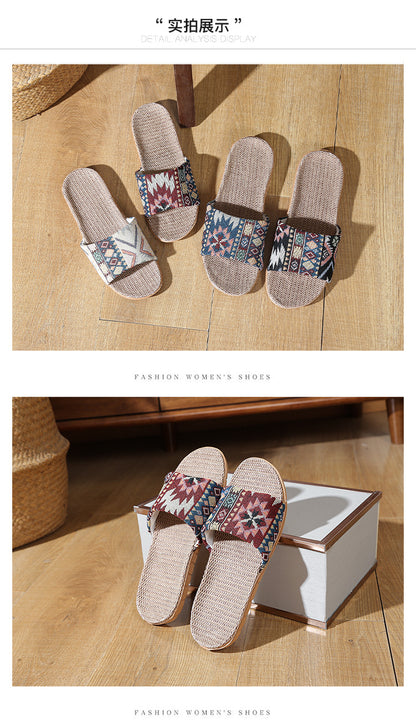 Four Seasons Home Linen Slippers Fashion Printed Thick Sole Non-Slip Sweat-Absorbent Wear-Resistant Large Sole Couple Linen Slippers Ethnic Style