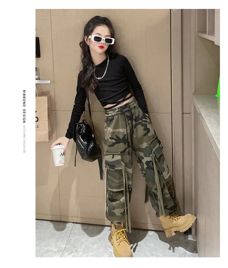 Girls Camouflage Pants Kids Fashion Casual High waisted wide leg pants 2025 Spring Fall ClothesTeen Girl Trousers 8 10 12 14Y