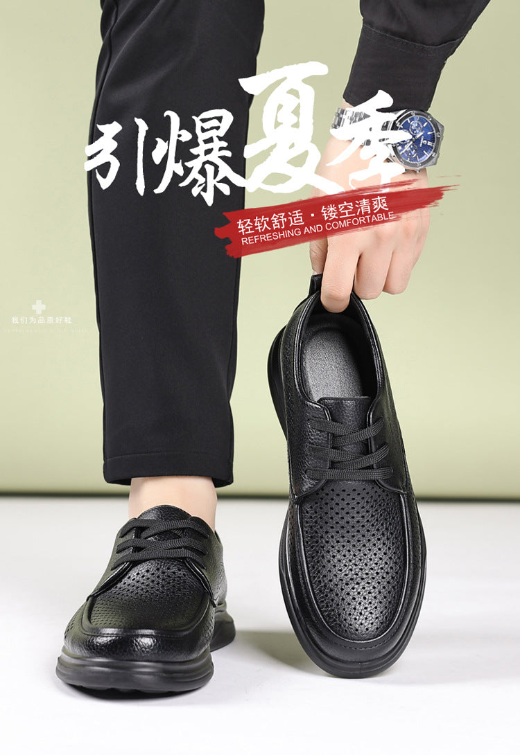 Summer Men's Shoes for Middle-Aged and Elderly People, Genuine Leather Breathable Men's Sandals, Leather Shoes, Soft Soles, Hollow Casual Shoes, Clogs