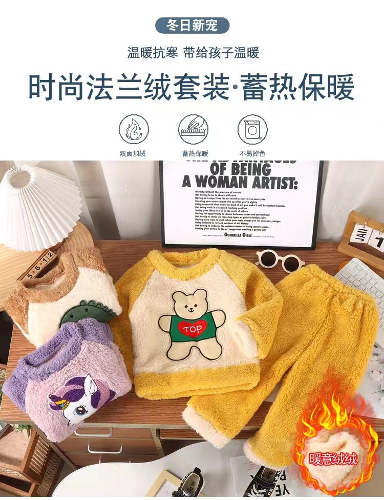 New Kidsren's Flannel Pajamas Set Autumn and Winter Boys and Girls Coral Velvet Thickeneded Home Clothes Two-piece Set