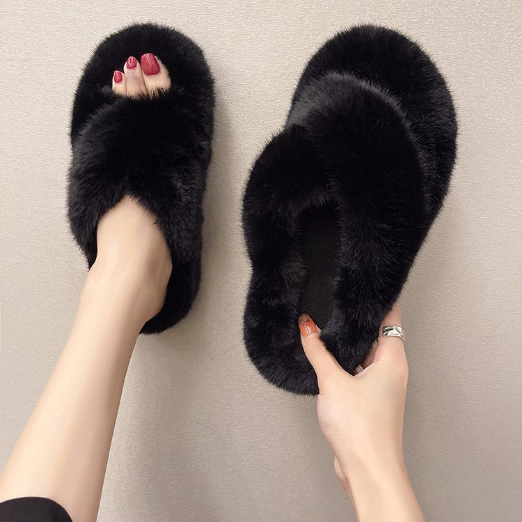 Foreign Trade Furry Slippers for Women 2025 Autumn and Winter New Korean Style Lazy Outer Wear Cross Thick-Soled Open-Toe Slippers for Outer Wear