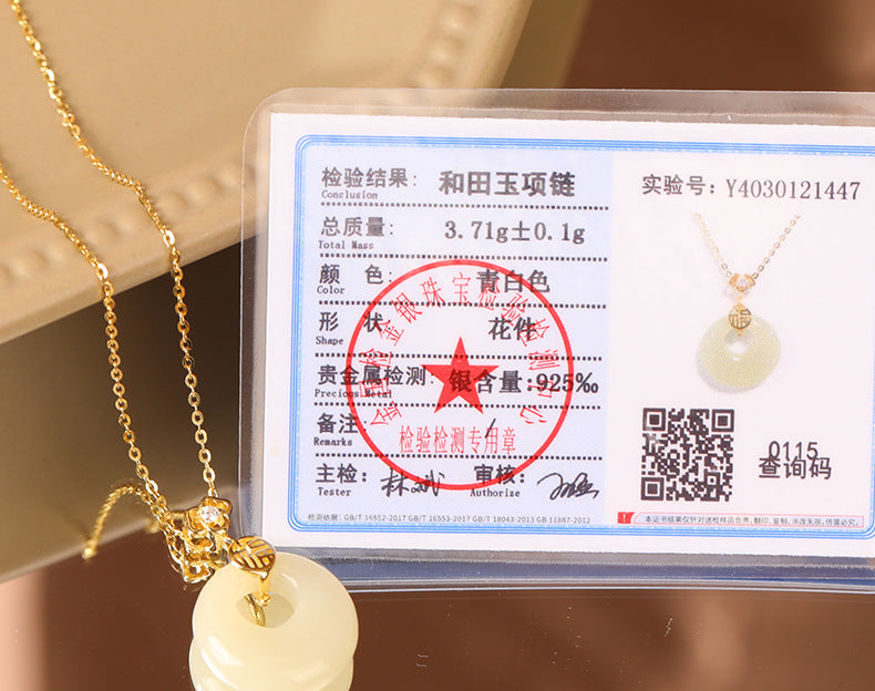 S925 Sterling Silver Hetian Jade Necklace for Women, Chinese Style with the Character for Fortune, Versatile Light Luxury Collarbone Chain, Elegant Gift Accessory, Jade