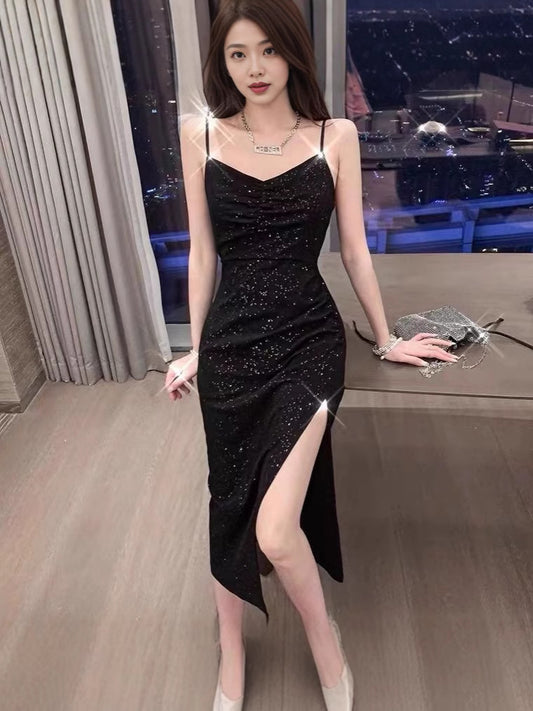 2024 Summer New Korean-style Hepburn Black Dress Mid-length Slimming Sequin Split Slim Sling Sexy dress by PDG ibma