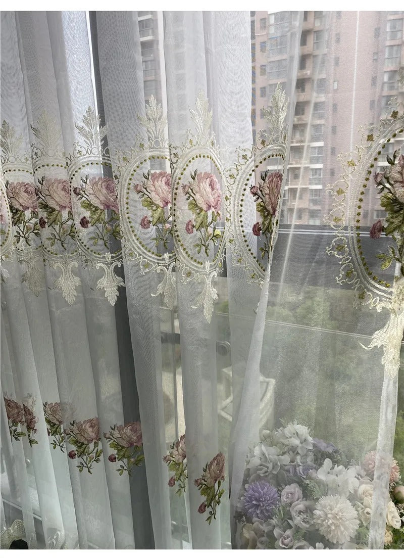 American Luxury Peony Embroidery Tulle Curtains for Living Room European Elegant Flower Embroidered Sheer Voile Bedroom Window