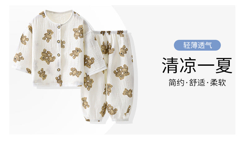 Children's Thin Double-Layer Gauze Pajamas Two-Piece Set Summer Girls Home Clothes Baby Boy Long-Sleeved Bloomers Set