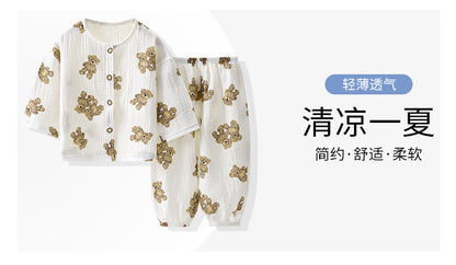 Children's Thin Double-Layer Gauze Pajamas Two-Piece Set Summer Girls Home Clothes Baby Boy Long-Sleeved Bloomers Set