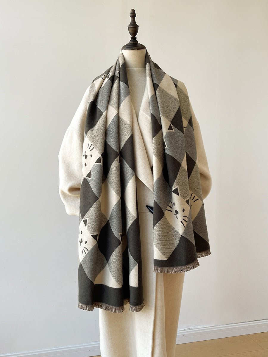 Niche Designer Cartoon Cat Cute Cashmere Scarf Women's Autumn and Winter Warm Thickened Neck Shawl New