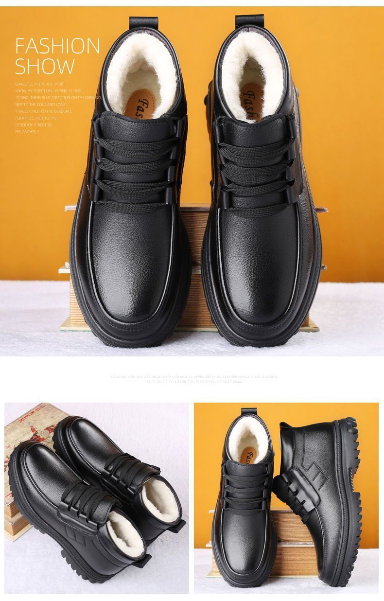 Men's Cotton Shoes Winter Fleece-lined Thickened Warm Real Cowhide Fleece Shoes Gao Bang Non-slip Deodorant Work Shoes Dad Shoes