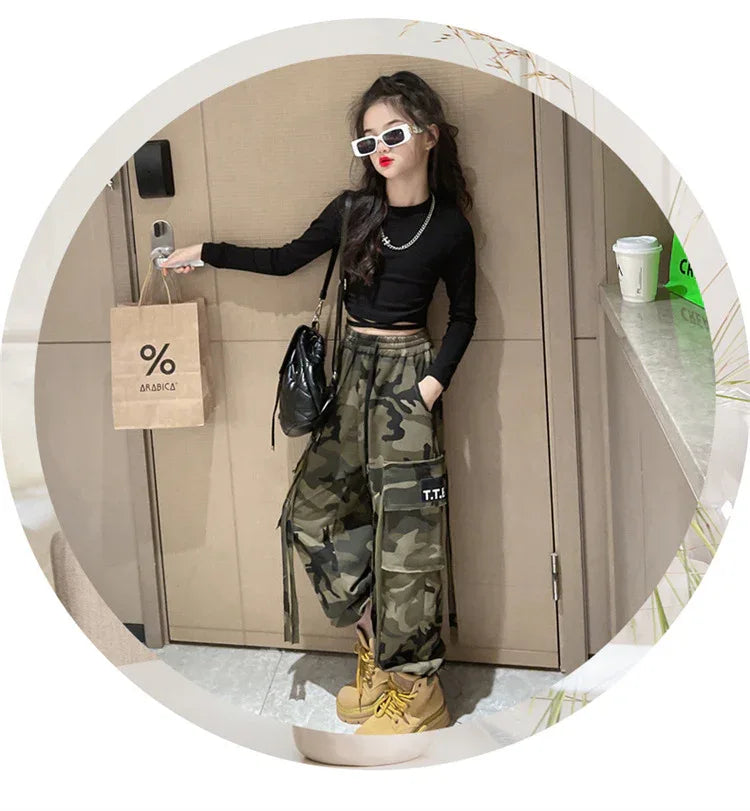 Girls Camouflage Pants Kids Fashion Casual High waisted wide leg pants 2025 Spring Fall ClothesTeen Girl Trousers 8 10 12 14Y