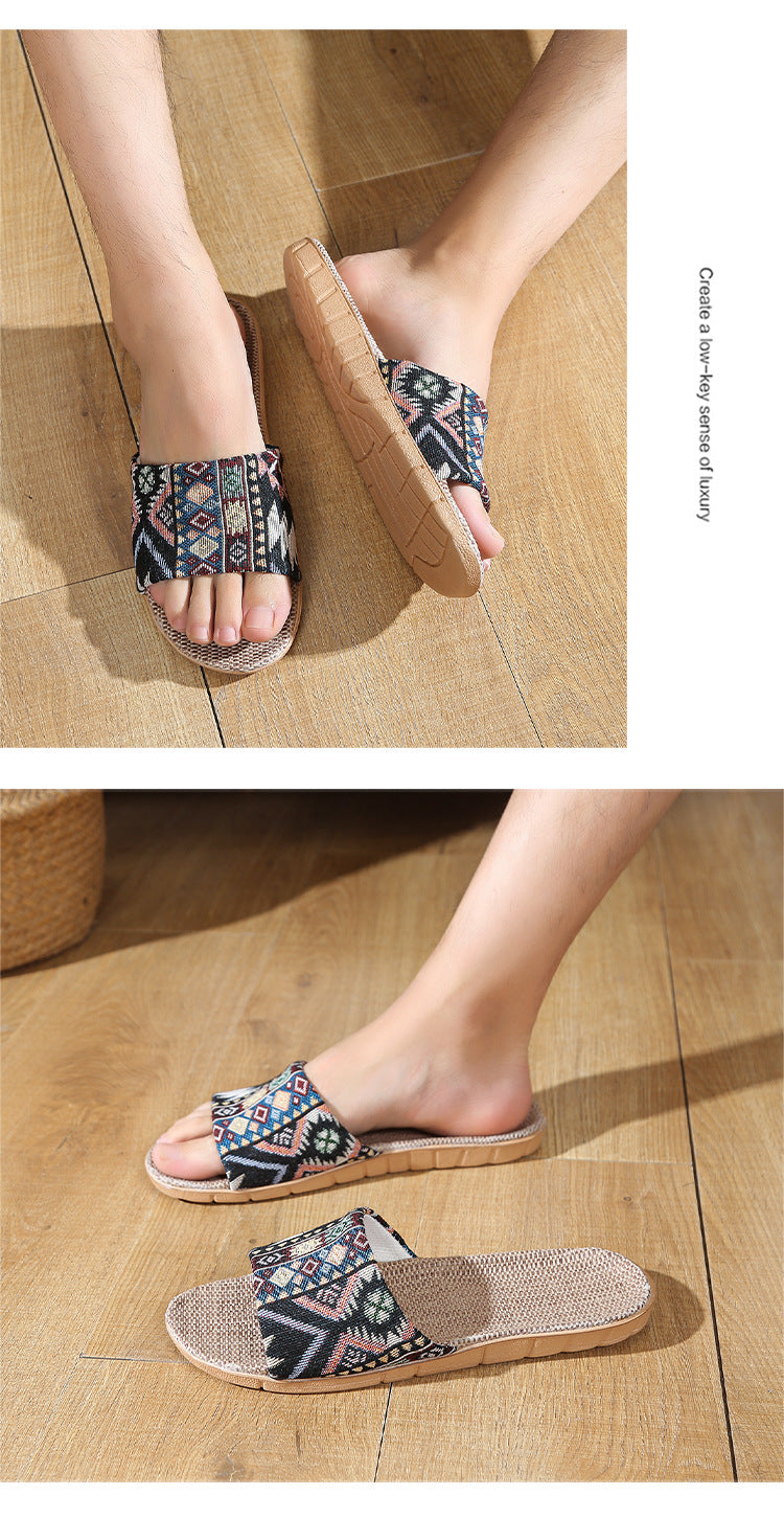 Four Seasons Home Linen Slippers Fashion Printed Thick Sole Non-Slip Sweat-Absorbent Wear-Resistant Large Sole Couple Linen Slippers Ethnic Style