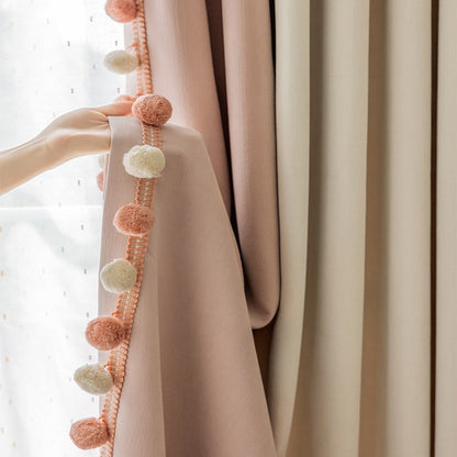 Cream-Colored Chenille Blackout Curtains for Children's Room, Sleeping Beauty Style, with Pom-Pom Design, Custom-Made Finished Product